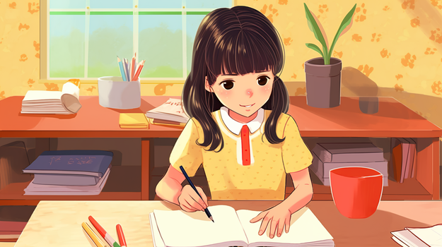 假期在家里书桌前写作业场景插画