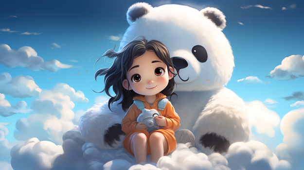 可爱白熊抱着小女孩坐在云团上插画