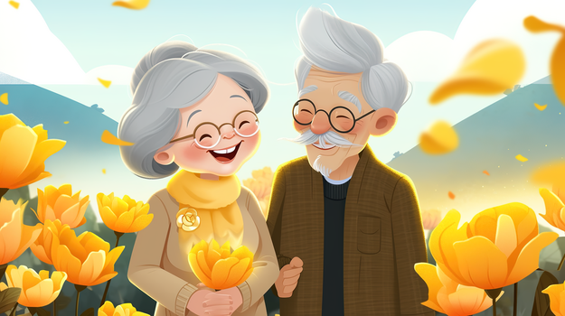 重阳节老年夫妇在花丛中微笑插画