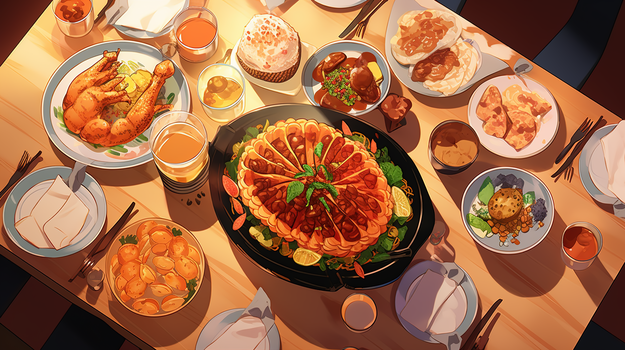 一桌丰盛的传统美食插画