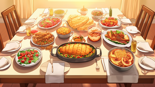 一桌丰盛的传统美食插画