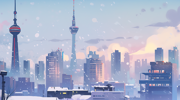 冬季雪中上海外滩剪影插画
