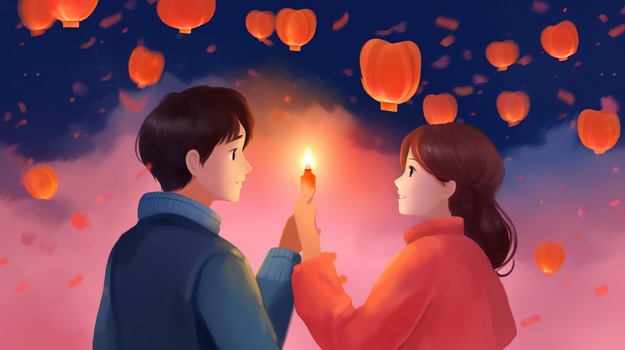 一起放心形孔明灯的情侣插画