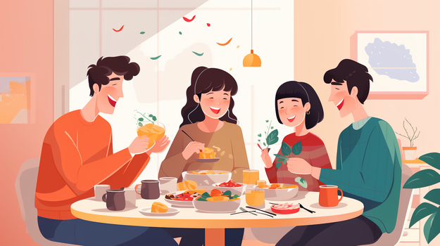 在一起享用美食插画jpg像素:2912 x 1632格式: jpg手绘卡通海边团建