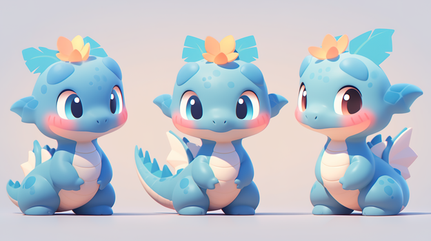 3d卡通蓝色立体小恐龙ip三视图插画