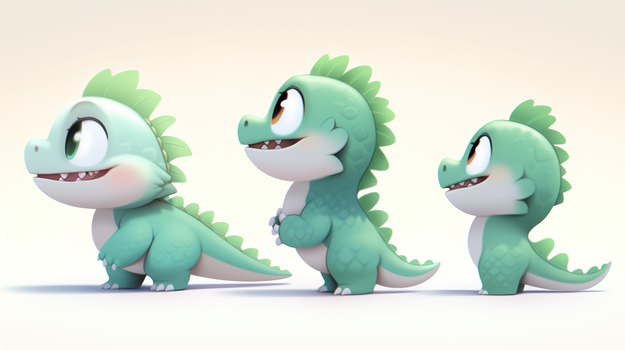 3d卡通绿色立体小恐龙ip三视图插画