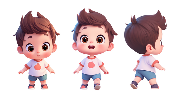 彩色c4d小孩ip三视图插画