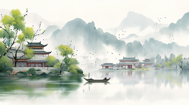 水彩手绘唯美山水水墨画徽式建筑插画