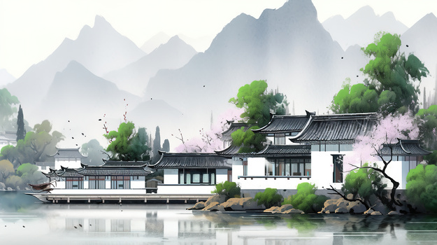 水彩手绘唯美山水水墨画徽式建筑插画