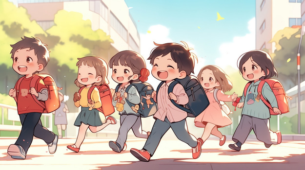 一群小学生放学过马路插画