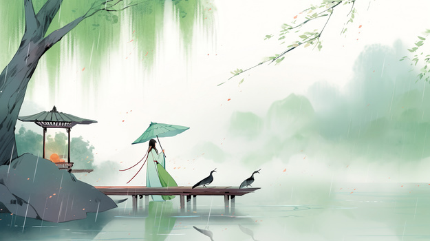 雨水天气一绿衣女子撑着伞在河边船渡口等人水墨画插画