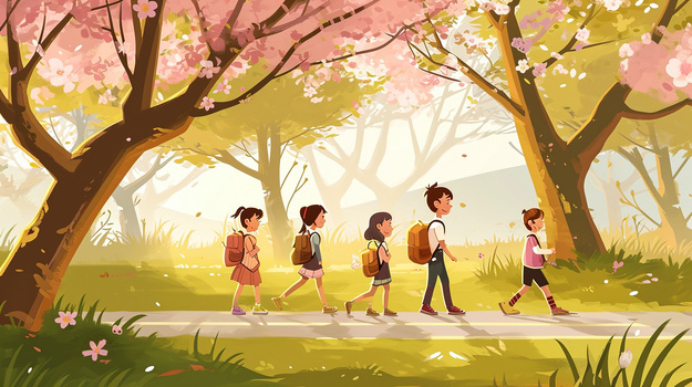 春天走在樱花盛开的路上放学回家的小学生插画