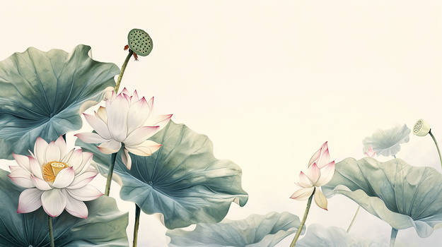 jpg盛开的荷花与荷叶工笔画插画jpg像素:2912 x 1632格式: jpg创意