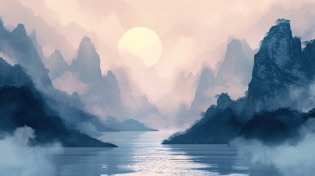 墨色中国风山水云雾美景插画jpg像素:2912 x 1632格式: jpg简约古风