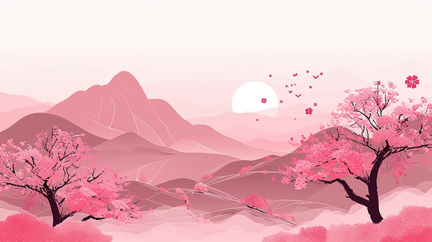 粉色中国风唯美山水风景插画