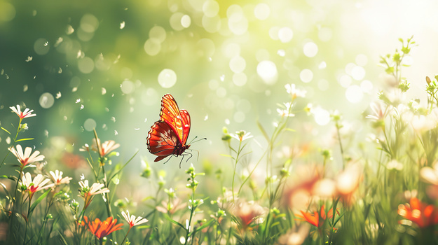 春天鲜花上的飞舞蝴蝶插画