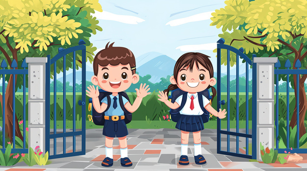 新学期幼儿园校门口男孩女孩插画