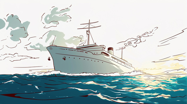彩色唯美航海日轮船插画