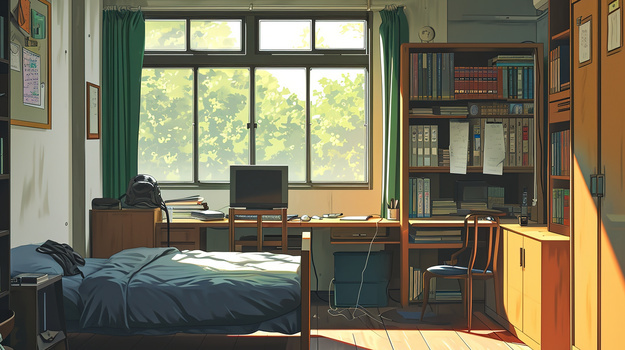 卡通风大学学生宿舍场景插画