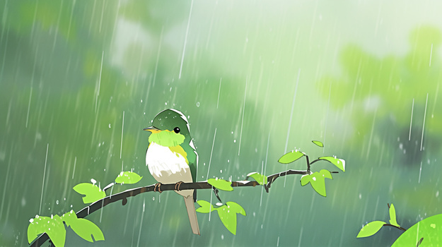 春雨中停在树枝上面的小鸟儿插画