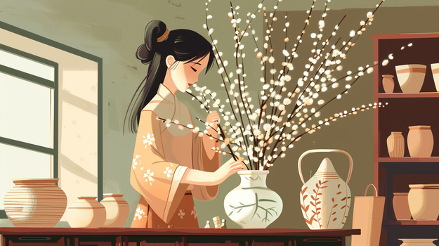清明节插柳女孩插画