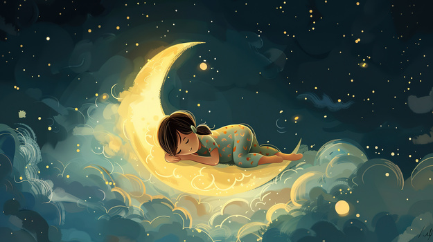 睡眠日月亮睡觉女孩插画