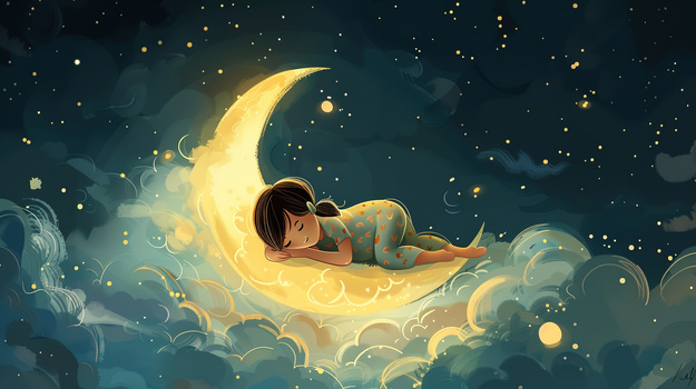 夜晚月亮星空下睡觉的小白兔可爱卡通插画图片素材下载_jpg格式_熊猫