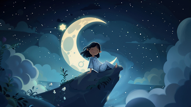 夜晚月亮星空下睡觉的小白兔可爱卡通插画图片素材下载_jpg格式_熊猫