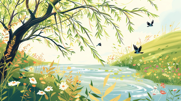 春季手绘小河边垂柳风景插画