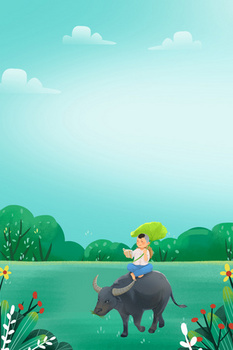 卡通风牧童骑牛合成背景