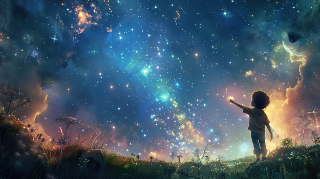 山野里仰望星空的小孩背影插画