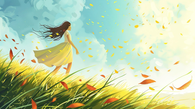 金色夕阳下麦穗中站立的长发女孩图片插画图片素材下载_jpg格式_熊猫