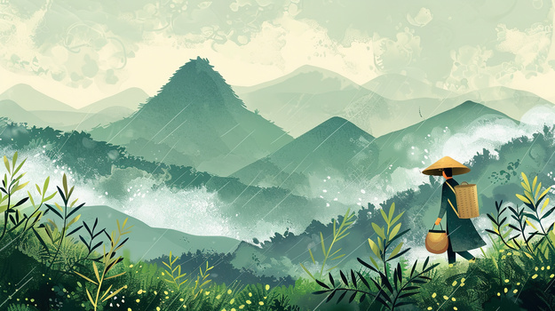 春季谷雨农民上山采茶插画