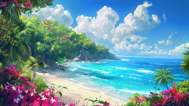 唯美夏天海边风景插画