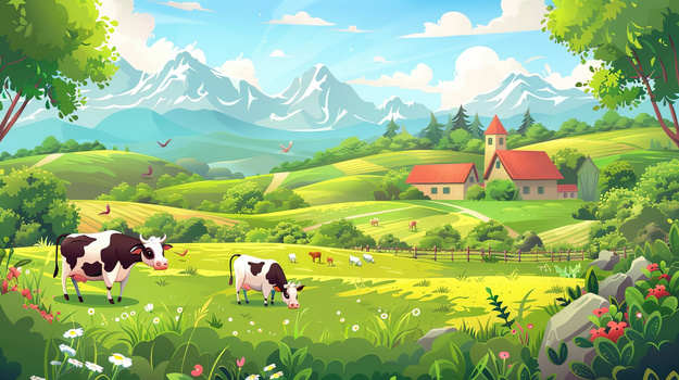 蓝天草地上奶牛插画