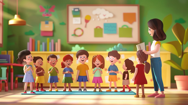 卡通小学生课堂认真上课插画