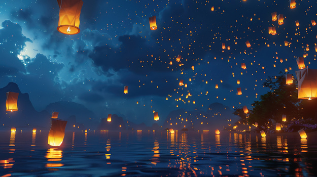 古代人物放飞孔明灯祈福的场景创意插画图片素材下载_jpg格式_熊猫