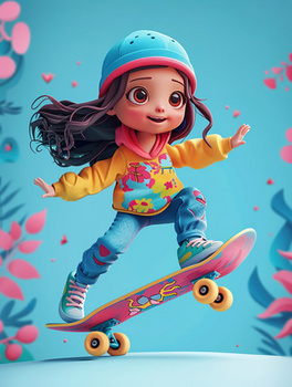 3d练习滑板得女孩插画