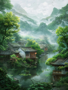 蓝色唯美中国风山水湖面风景插画图片素材下载_jpg格式_熊猫办公