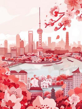 粉色调上海东方明珠城市印象插画