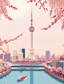粉色调上海东方明珠城市印象插画