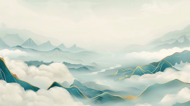 水墨山川云雾缭绕鎏金古风背景图背景图片素材免费下载_熊猫办公