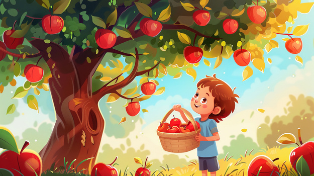 苹果树下摘苹果的男孩插画