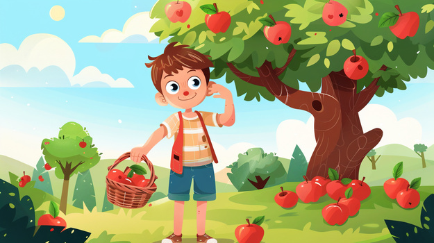 苹果树下摘苹果的男孩插画