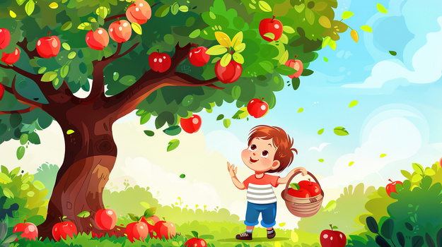 苹果树下摘苹果的男孩插画