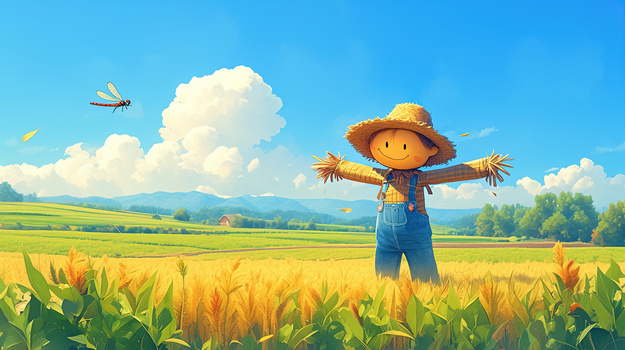 蓝天白云稻草人小满插画