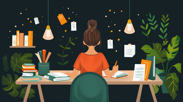 卡通女老师深夜在备课插画