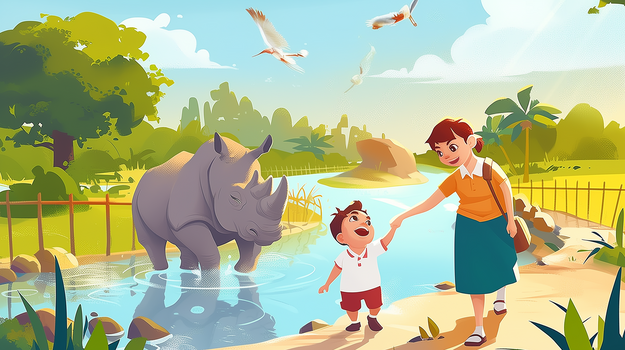 妈妈带着孩子去动物园看犀牛戏水卡通漫画插画