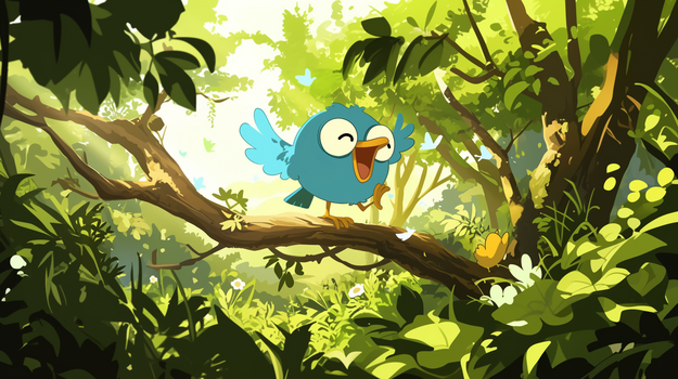 一只小鸟在森林的树上快乐的唱歌创意卡通插画