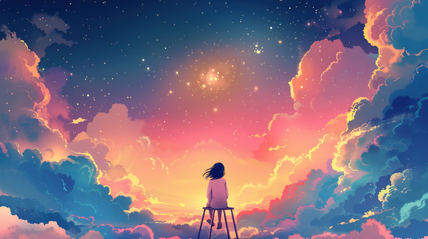 仰望天空的女孩背影插画